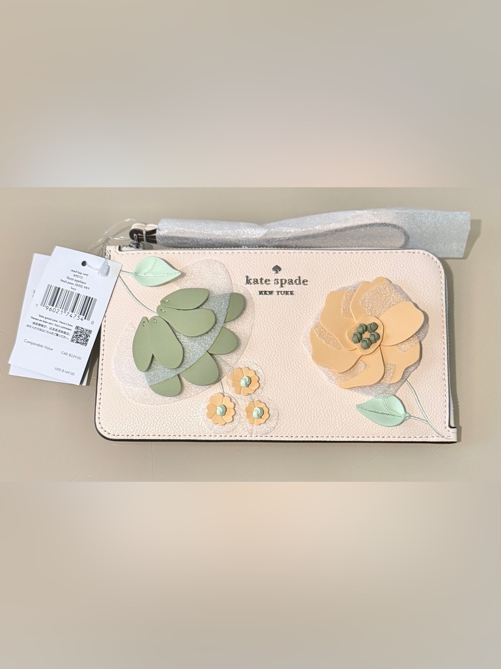 kate spade Floral Appliqué Leather Wristlet in Blush with Green Accents - Picture 5 of 6